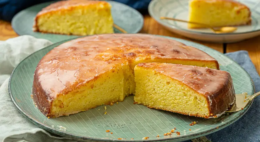 Ein saftiger Zitronenkuchen mit glänzender Glasur, auf einem grünen Teller serviert. Ein Stück wird gerade herausgehoben.