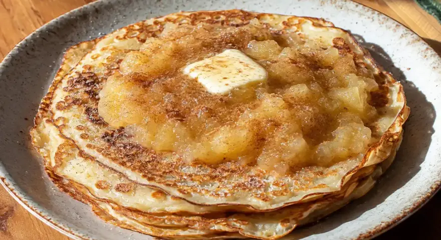 Ein Stapel goldbrauner Pfannkuchen, belegt mit Apfelmus, Zimt und einem Stück Butter. Ein köstliches Pfannkuchen Rezept für jeden Tag.