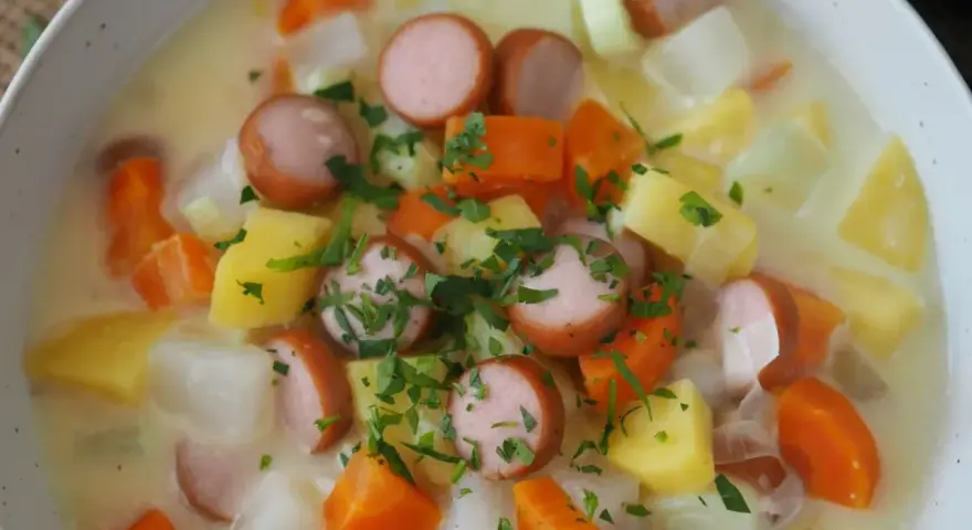 Herzhafte Suppe mit Kohlrabi, Kartoffeln, Karotten und Würstchen. Ein tolles Gericht für Kohlrabi Rezepte.