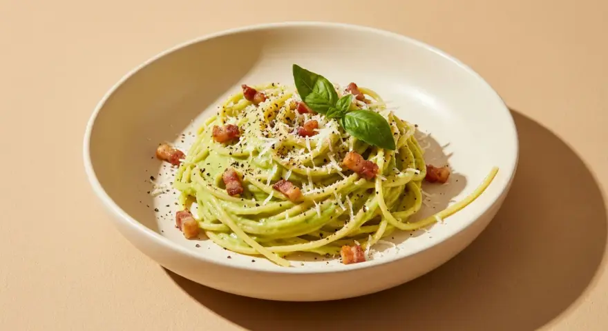 Cremige Avocado-Pasta mit knusprigem Speck, Parmesan und frischem Basilikum garniert. Ein köstliches Gericht, das Lust auf mehr macht.