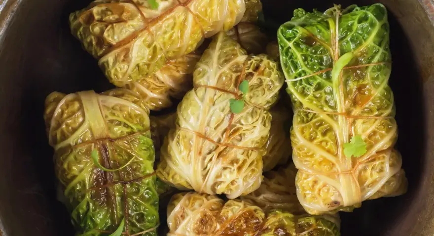 Gefüllte Kohlrouladen, ein Klassiker der wirsing rezepte, sind liebevoll mit Schnur gebunden und bereit zum Genuss.