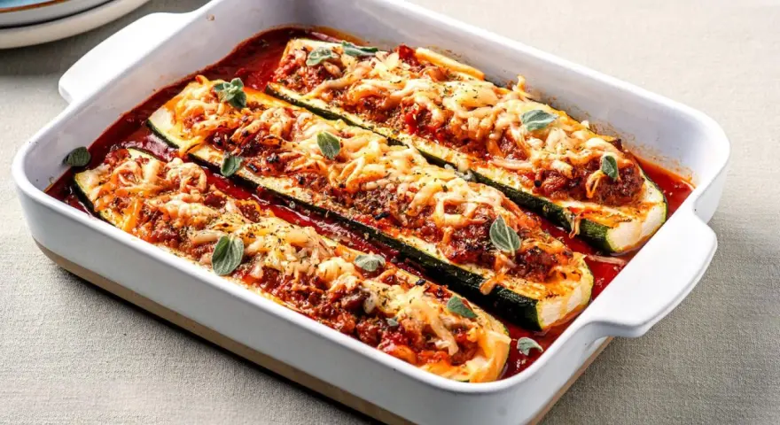 Herzhafte Zucchini-Schiffchen, gefüllt mit Hackfleisch und Tomatensauce, überbacken mit geschmolzenem Käse und garniert mit frischen Kräutern.