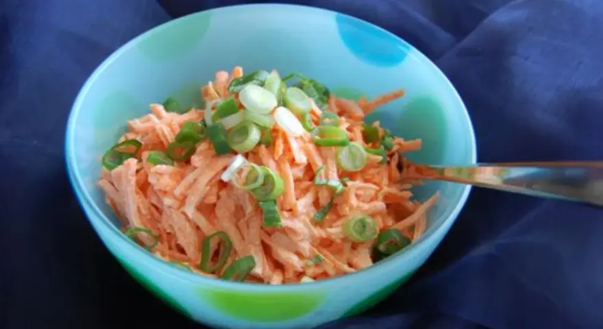 Karottensalat mit cremigem karottensalat dressing und Frühlingszwiebeln in einer bunten Schüssel.
