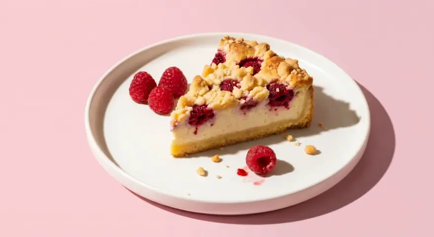 Ein Stück Himbeer-Käsekuchen mit Streuseln auf einem Teller. Perfekt für leichte magerquark rezepte.