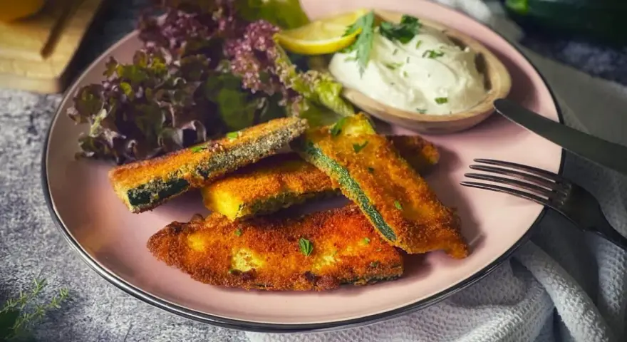 Knuspriges Zucchini-Schnitzel auf rosa Teller, serviert mit Dip, Salat und Zitrone. Ein Genuss für jeden Tag!