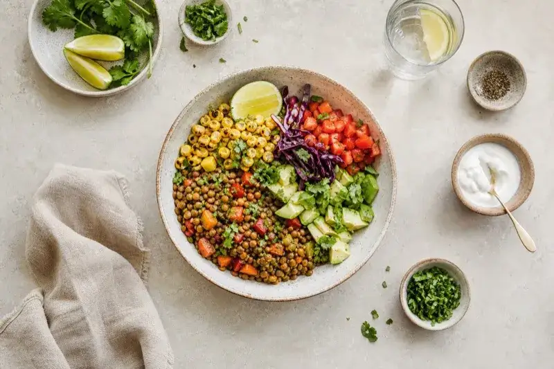 Bunte Linsen-Bowl mit Mais, Avocado, Tomaten und Koriander. Ein gesundes Gericht, das Lust auf mehr Linsen Rezepte macht.