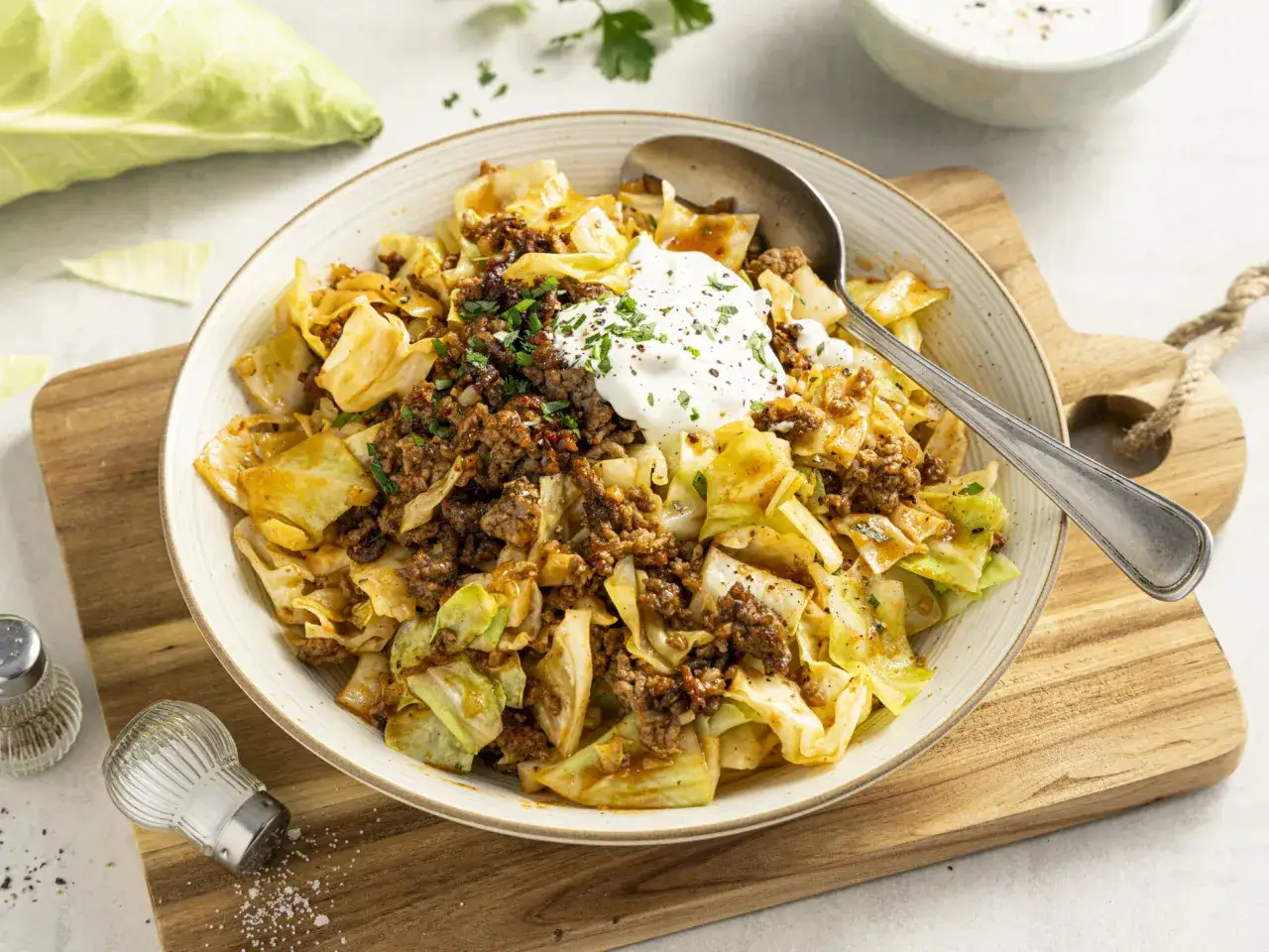 Herzhaftes Spitzkohl-Gericht mit Hackfleisch, garniert mit einem Klecks Sour Cream und frischer Petersilie. Ein leckeres und einfaches Essen.