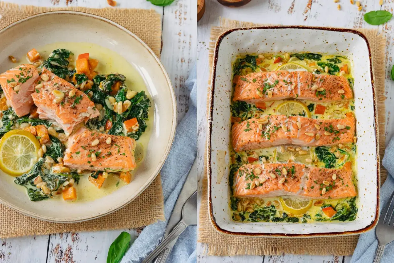Saftiger Lachs im Ofen mit Spinat und K&uuml;rbis in cremiger Sauce, garniert mit Pinienkernen und Zitrone. Ein k&ouml;stliches Gericht, das den Gaumen verw&ouml;hnt.