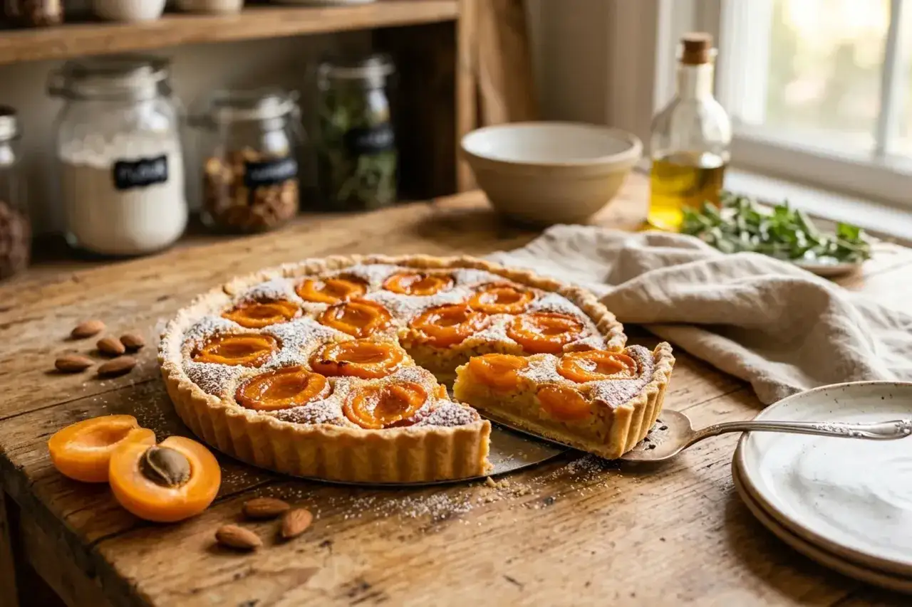 Ein k&ouml;stliches Aprikosentarte Rezept, das auf einem rustikalen Holztisch pr&auml;sentiert wird, mit frischen Aprikosen und Mandeln daneben.
