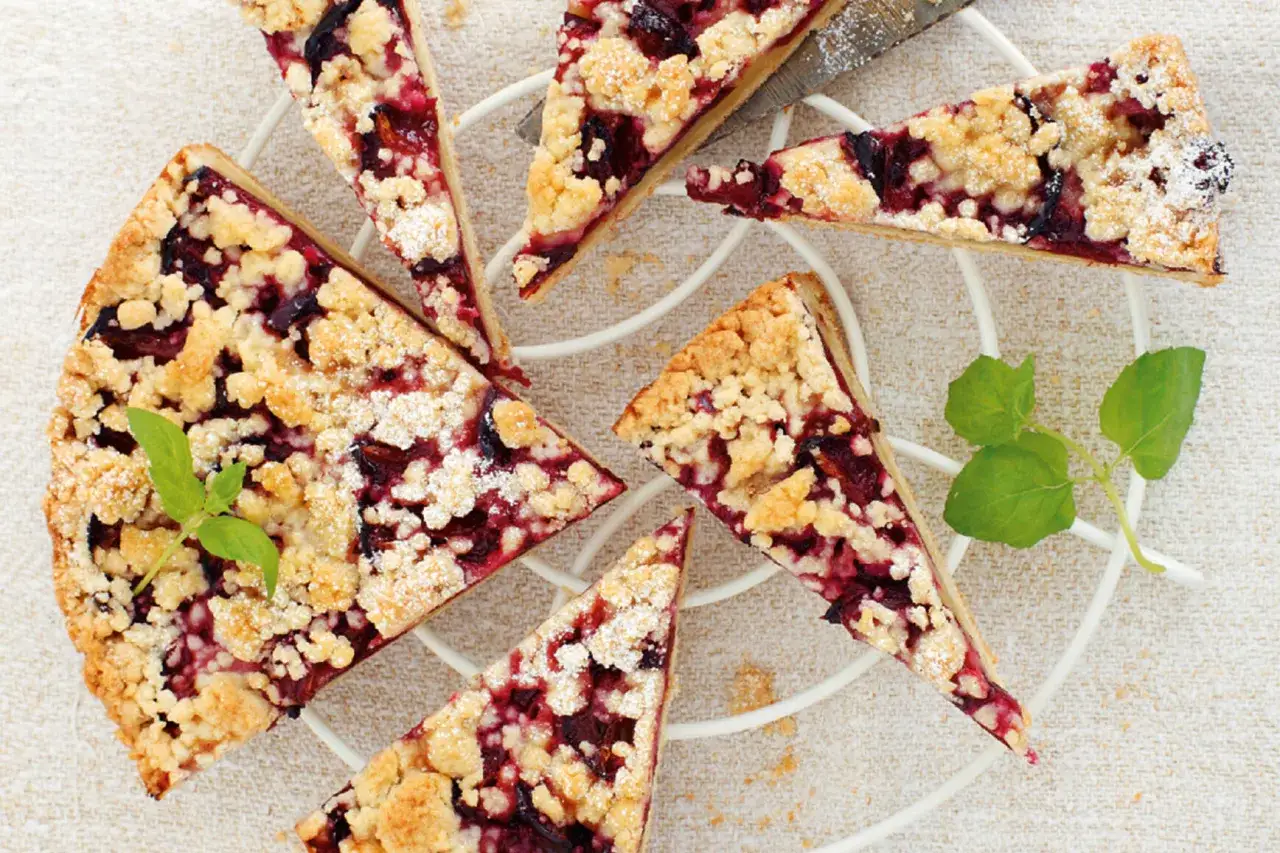Saftiger zwetschgenkuchen vegan mit Streuseln, bestäubt mit Puderzucker. Ein Genuss für alle Sinne!