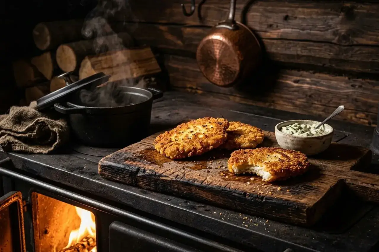Herzhaftes Kohlrabi-Schnitzel, knusprig paniert, dampft auf einem Holzbrett. Dazu eine gr&uuml;ne Sauce und ein Topf auf dem Holzofen.