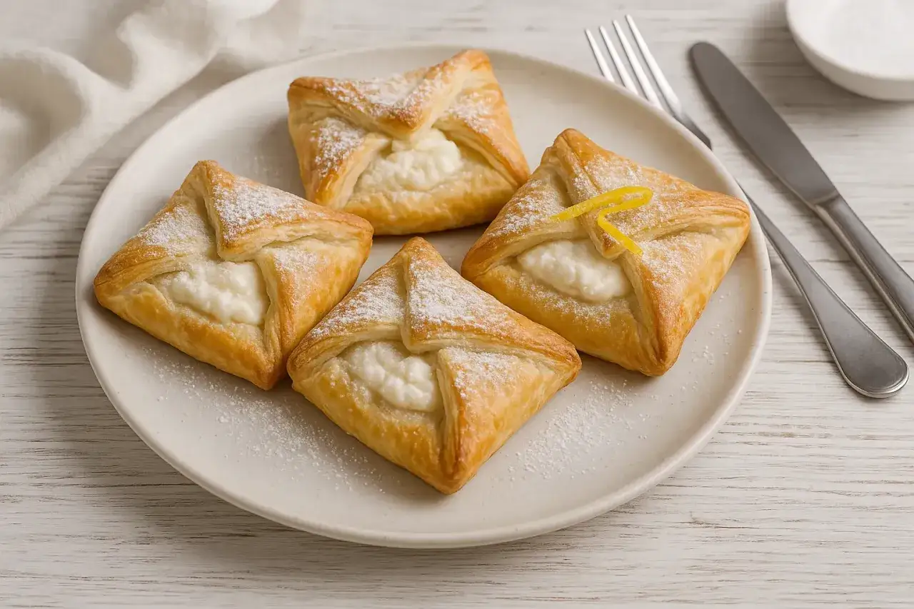 Vier goldbraune Quarktaschen mit Puderzucker best&auml;ubt, ein k&ouml;stliches Quarktaschen Rezept f&uuml;r den Genuss.
