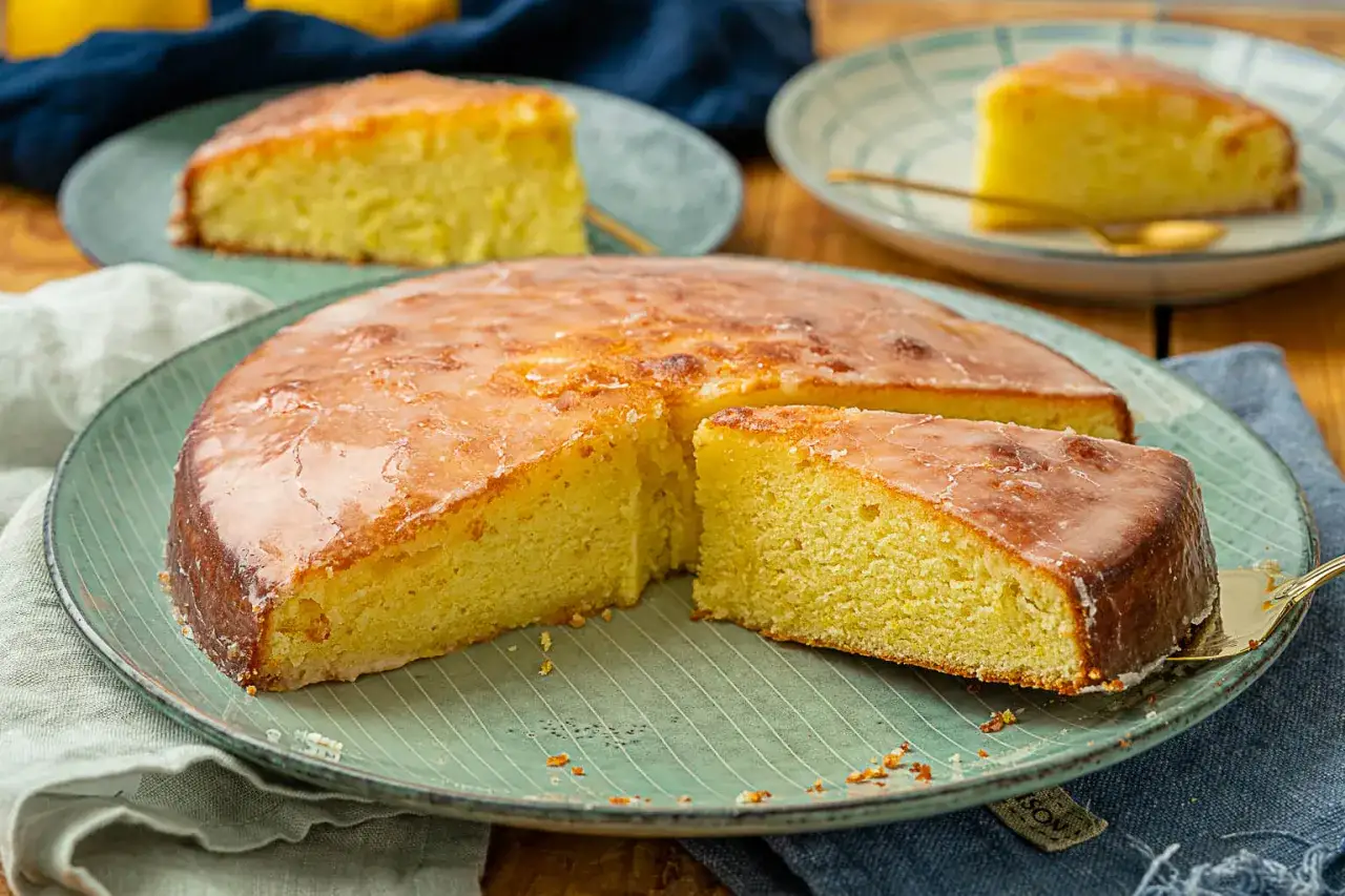 Ein saftiger Zitronenkuchen mit glänzender Glasur, auf einem grünen Teller serviert. Ein Stück wird gerade mit einer goldenen Gabel herausgehoben.