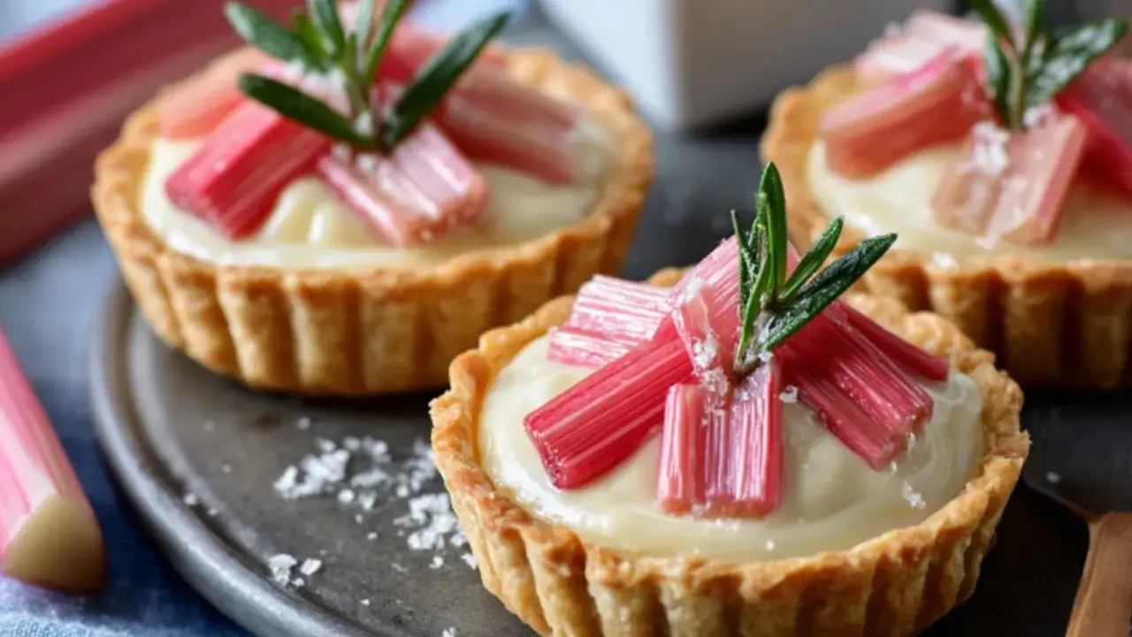 Kleine Rhabarber Tartelettes mit cremiger F&uuml;llung und frischen Rhabarberst&uuml;cken, garniert mit Rosmarin.