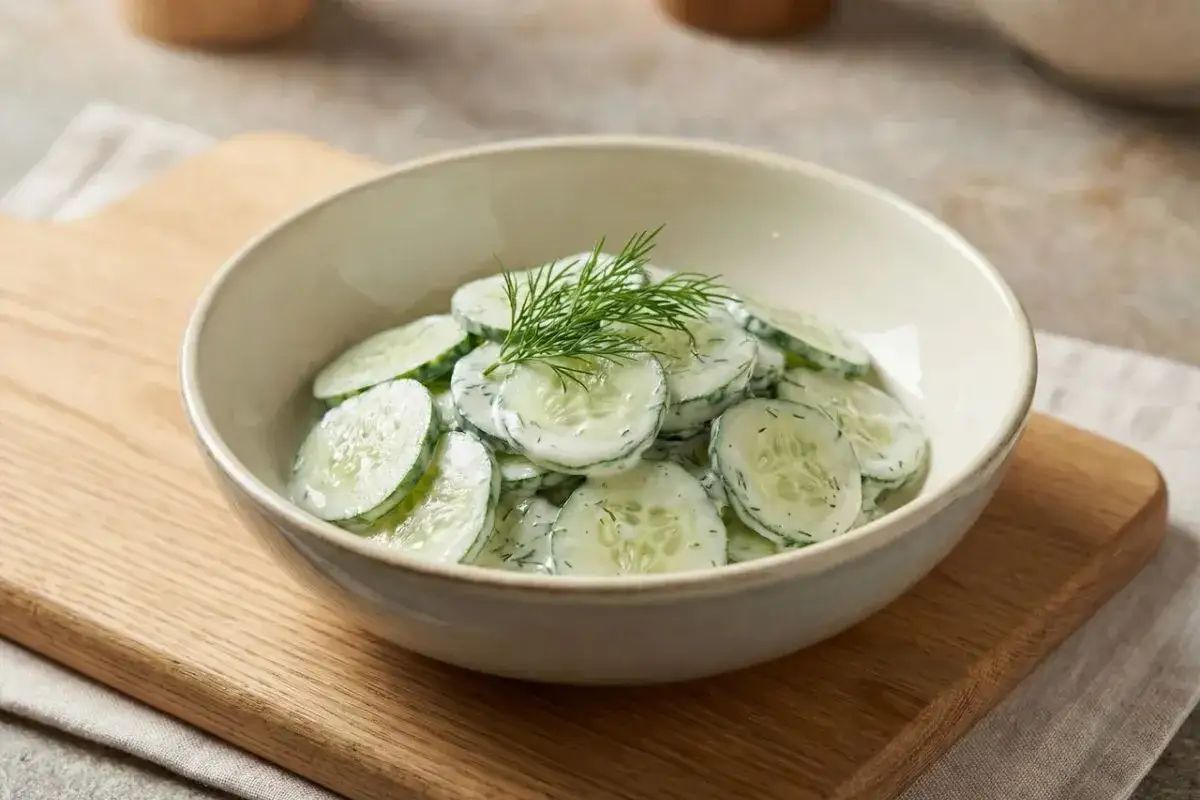 Frischer Gurkensalat mit cremigem Dressing und Dill garniert, bereit zum Servieren.