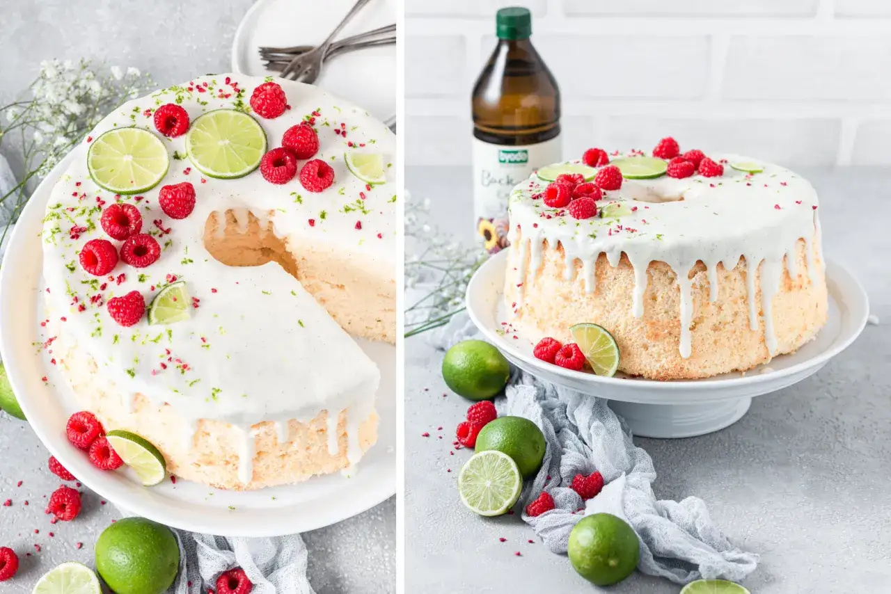 Leichter Chiffon-Kuchen mit wei&szlig;er Glasur, garniert mit frischen Himbeeren, Limettenscheiben und Zitrusschale.