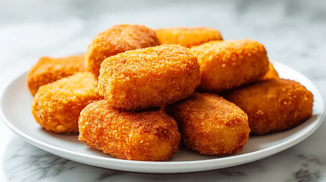 Goldbraune, knusprige Kroketten auf einem Teller. Perfekt zum kroketten selber machen f&uuml;r einen leckeren Snack.