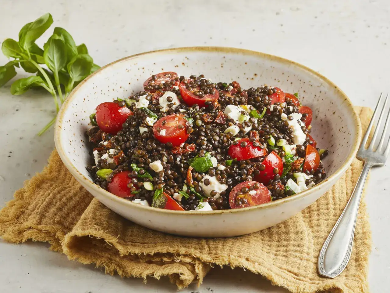 Ein köstlicher Linsensalat mit Tomaten und Feta, perfekt für ein leichtes Mittagessen. Dieses Linsensalat Rezept ist einfach zuzubereiten.