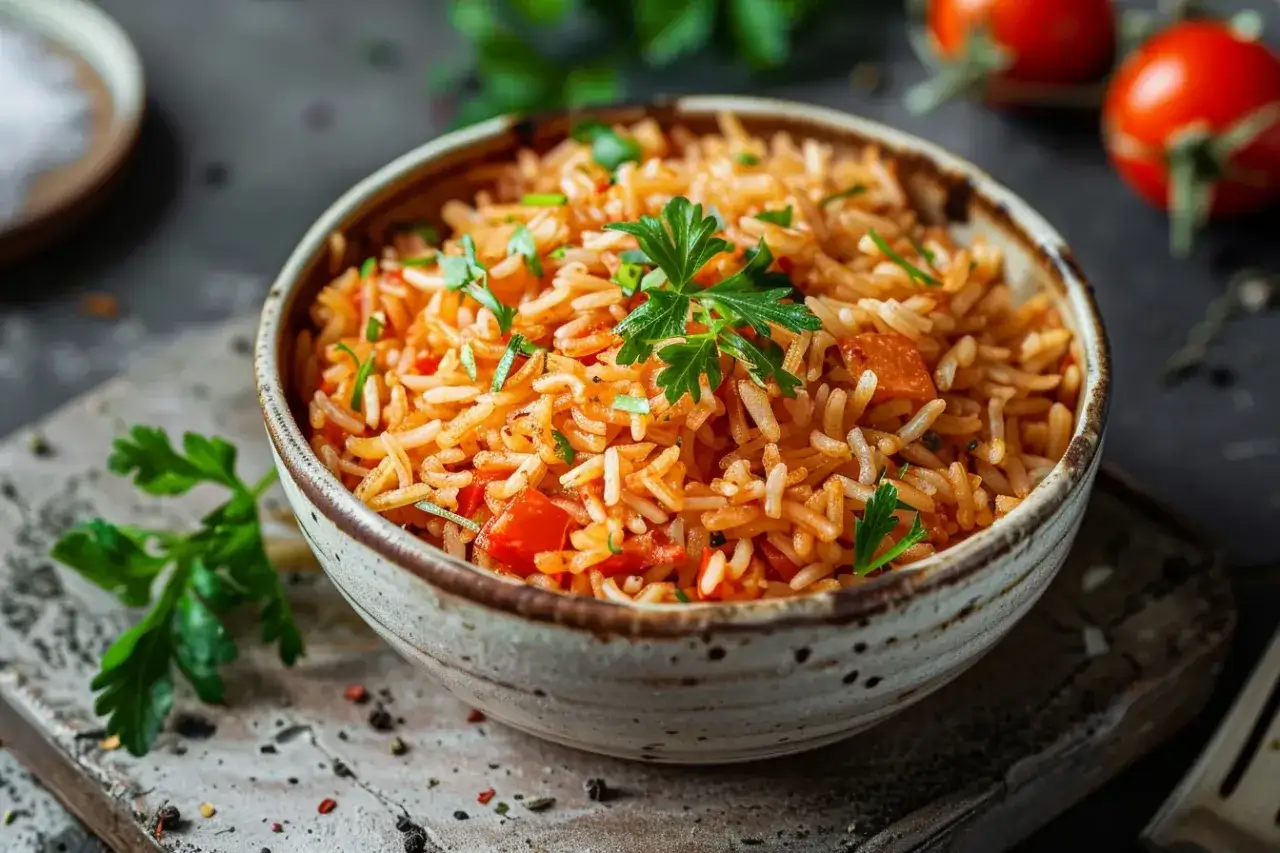 Sch&uuml;ssel mit aromatischem Tomatenreis, garniert mit Petersilie. Ein einfaches und leckeres Tomatenreis Rezept f&uuml;r jeden Tag.