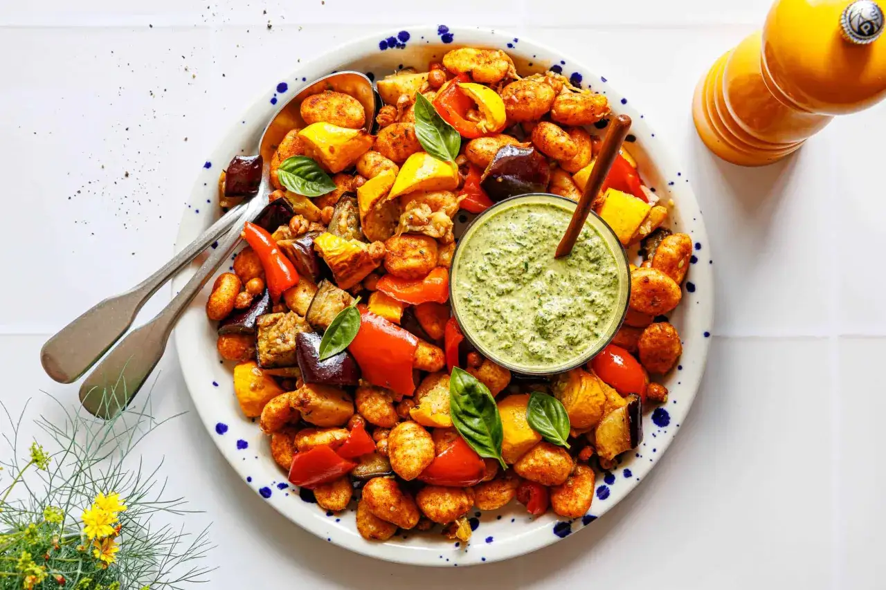 Herzhafter Gnocchi Salat mit ger&ouml;stetem Gem&uuml;se und Pesto. Ein bunter Genuss!
