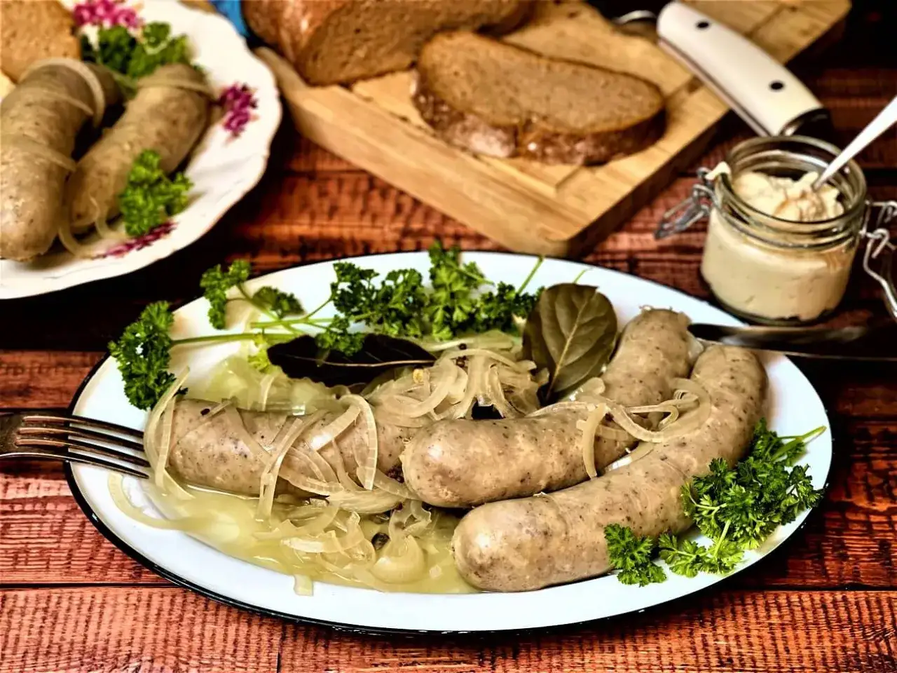 Saure Zipfel auf einem Teller mit Zwiebeln und Petersilie, daneben Brot und ein Glas Senf.