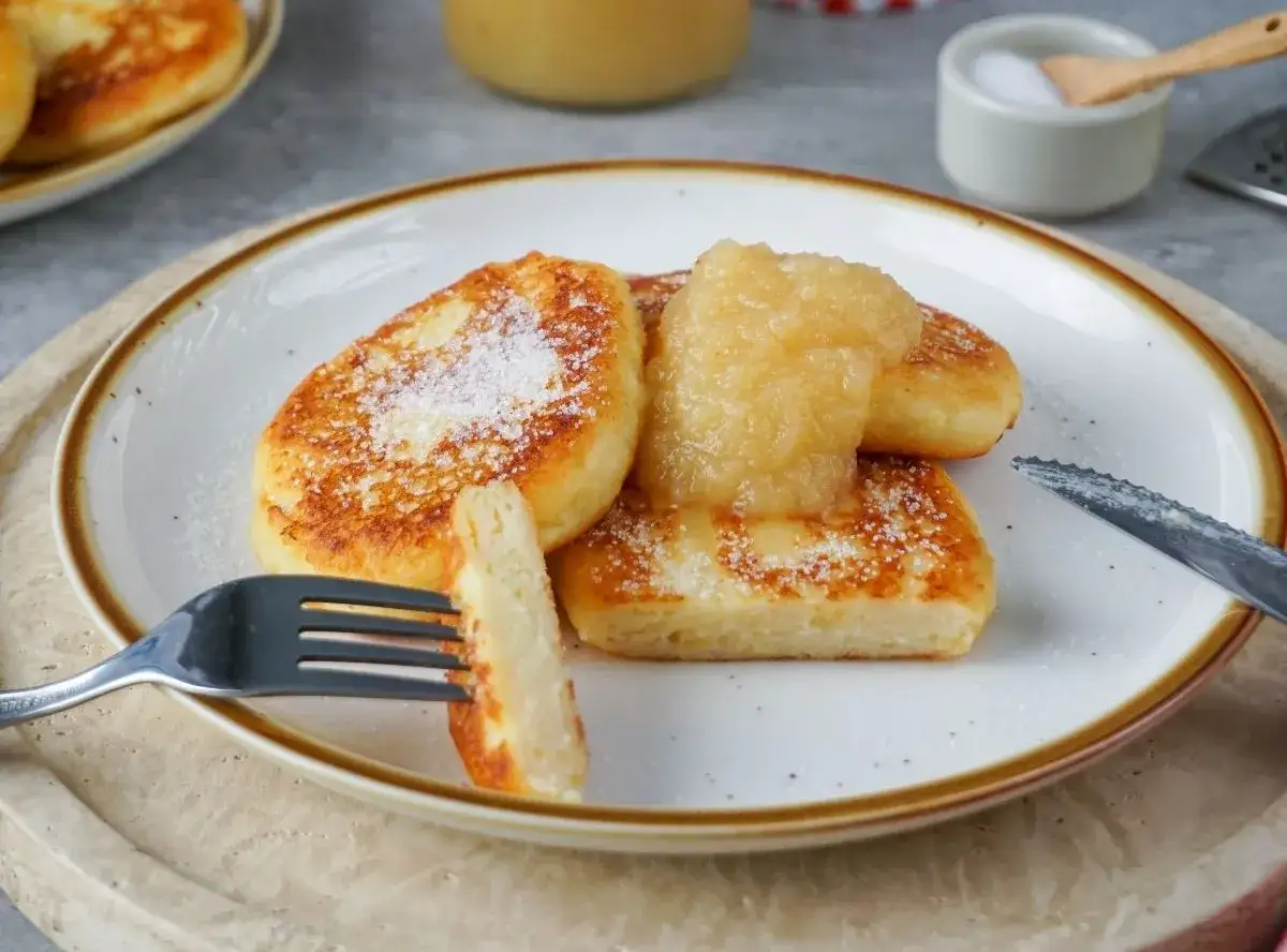 Goldbraune Quarkkeulchen, bestreut mit Puderzucker, serviert mit Apfelmus. Ein k&ouml;stliches Quarkkeulchen Rezept zum Genie&szlig;en.