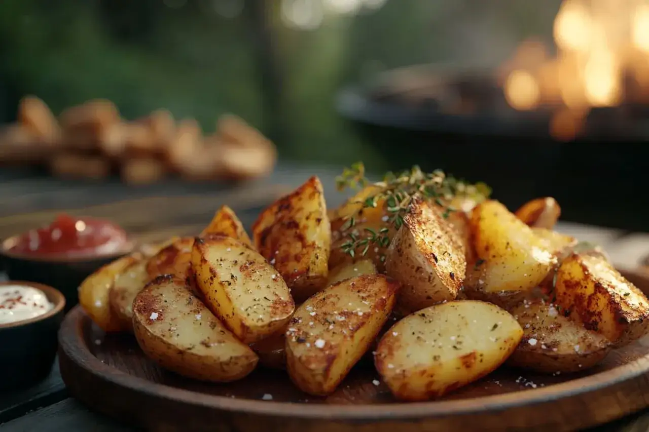 Leckere Kartoffelspalten, perfekt zum Chips selber machen für ein Grillfest. Mit Kräutern und Salz bestreut, daneben Dips.