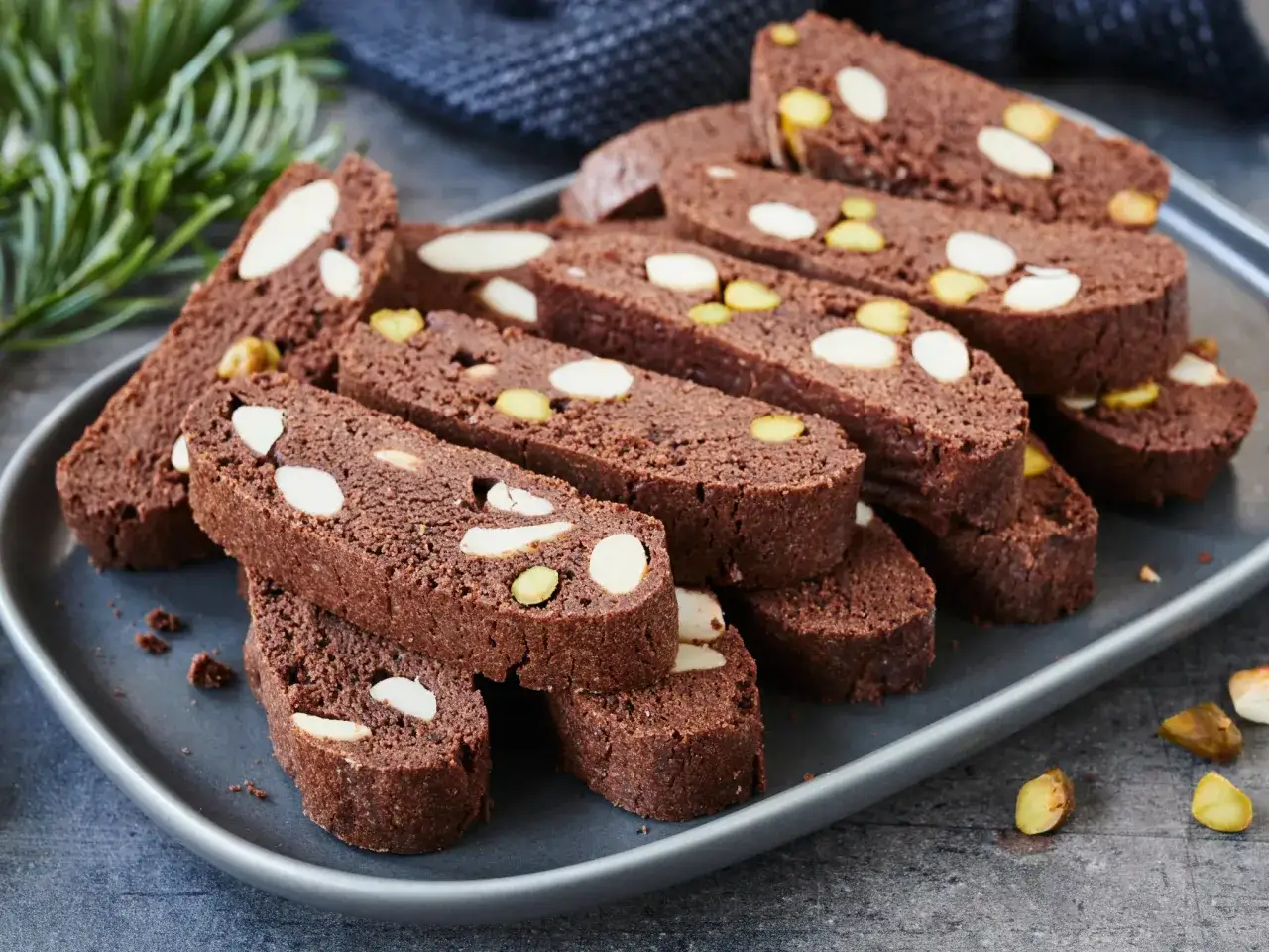 Schokoladige Cantuccini mit Mandeln und Pistazien auf einem grauen Teller, bereit zum Genuss.