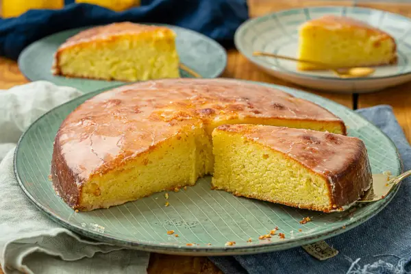Ein saftiger Zitronenkuchen mit glänzender Glasur, auf einem grünen Teller serviert. Ein Stück wird gerade herausgehoben.
